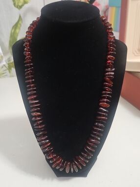 Faux BALTIC AMBER necklace Good Length Reddish Beads As Latch Screws